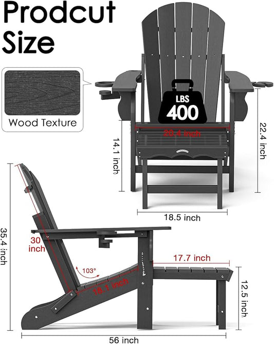 Folding Adirondack Chair with Ottoman, Recyclable HDPE Adirondack Patio Chair with 2 Cup Holder, Outdoor Fire Pit Chairs with Pull Out Footrest, Weather Resistant for Garden, Deck, Poolside, Grey