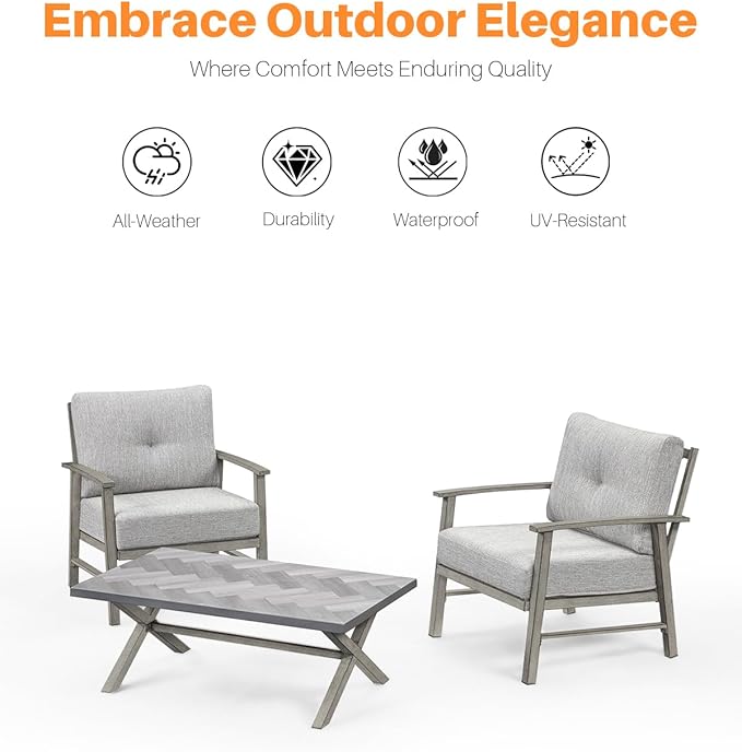 Aluminum Patio Furniture Set, 3 Pieces Outdoor Patio Bistro Set with Washable Thick Cushions, All Weather Outdoor Conversation Sets with Coffee Table for Backyard, Balcony, Lawn, Limed Oak