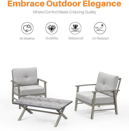 Aluminum Patio Furniture Set, 3 Pieces Outdoor Patio Bistro Set with Washable Thick Cushions, All Weather Outdoor Conversation Sets with Coffee Table for Backyard, Balcony, Lawn, Limed Oak