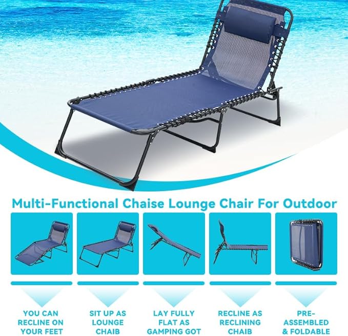 Folding Chaise Lounge Chair Set of 2, Patio Sun Tanning Chair with 4-Position Reclining Back, Breathable Mesh Outdoor Lounge Chair for Pool Beach, Adjustable Footrest, Portable, Dark Blue