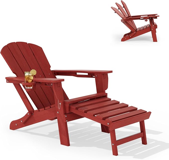 LOUNZY Folding Adjustable Adirondack Chair with Retractable Ottoman, HDPE Recliner Adirondack Chair with Cup Holder for Deck Lawn Fire Pit,Red