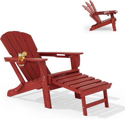 LOUNZY Folding Adjustable Adirondack Chair with Retractable Ottoman, HDPE Recliner Adirondack Chair with Cup Holder for Deck Lawn Fire Pit,Red