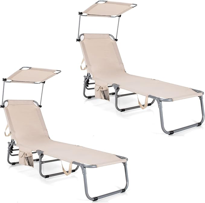 Giantex Outdoor Folding Chaise Lounge, Portable Tanning Chair with 5 Adjustable Positions, 360°Rotatable Canopy Shade - Photo 1