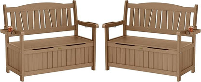 YEFU Outdoor Storage Bench for Patio: Heavy Duty Garden Bench Set of 2 with 96° High Backrest & Oversized Seating - HIPS Weatherproof Patio Bench with Storage for Porch Park Backyard, Teak