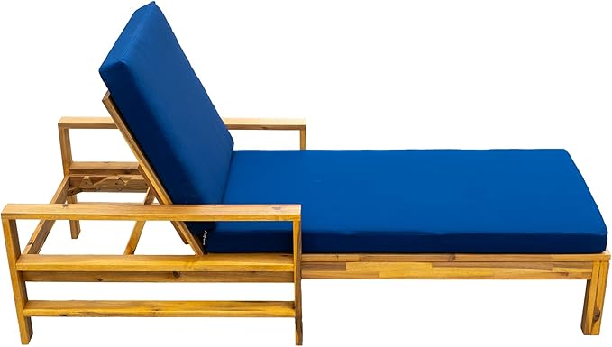 Outdoor Acacia Wood Chaise Lounges with Adjustable Backrest and Cushion, Patio Reclining Lounge Chair for Porch Backyard Balcony Poolside (Natural+ Blue)