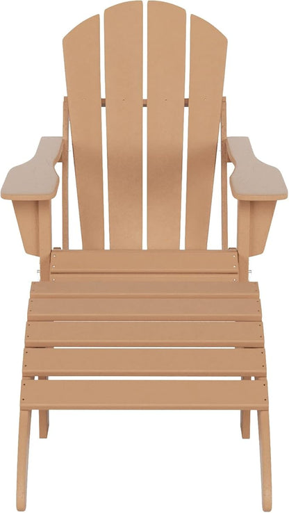 WestinTrends Malibu Outdoor Lounge Chair, 2-Pieces Adirondack Chair Set with Ottoman, All Weather Poly Lumber Patio Lawn Folding Chairs for Outside Pool Garden Backyard Beach, Teak