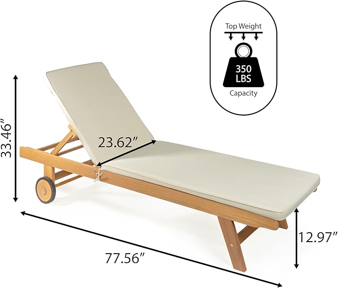 JONATHAN Y LNG1000E Mallorca 77.56"x23.62" Modern Classic Adjustable Acacia Wood Chaise Outdoor Lounge Chair with Cushion & Wheels Coastal, Bohemian, Minimalist, Traditional, Light Gray/Natural