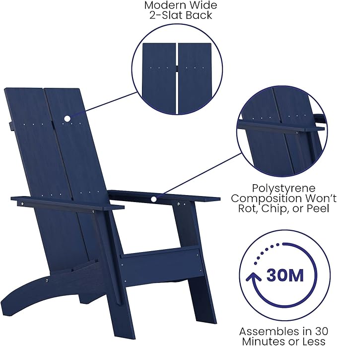 Flash Furniture Set of 2 Sawyer Modern 2-Slat Back Adirondack Chairs - Navy Blue All-Weather Poly Resin Lounge Chairs