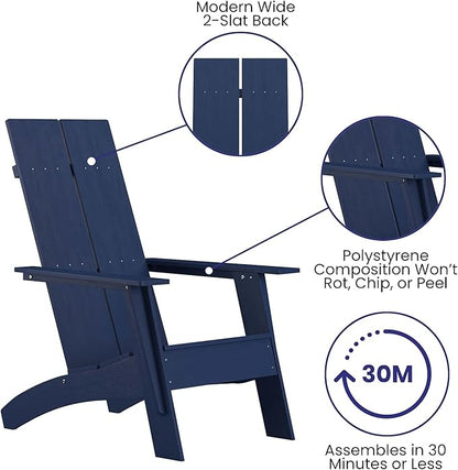 Flash Furniture Set of 2 Sawyer Modern 2-Slat Back Adirondack Chairs - Navy Blue All-Weather Poly Resin Lounge Chairs