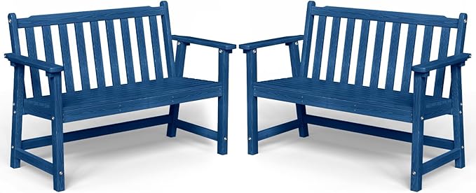 Outdoor Bench, 2-Person HDPE Garden Bench, All Weather Poly Patio Bench for Outdoors, Garden, Backyard, Porch and Park, 550 lbs Weight Capacity, Navy Blue, 2 Pack