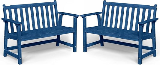 Outdoor Bench, 2-Person HDPE Garden Bench, All Weather Poly Patio Bench for Outdoors, Garden, Backyard, Porch and Park, 550 lbs Weight Capacity, Navy Blue, 2 Pack