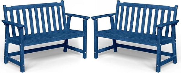 Outdoor Bench, 2-Person HDPE Garden Bench, All Weather Poly Patio Bench for Outdoors, Garden, Backyard, Porch and Park, 550 lbs Weight Capacity, Navy Blue, 2 Pack