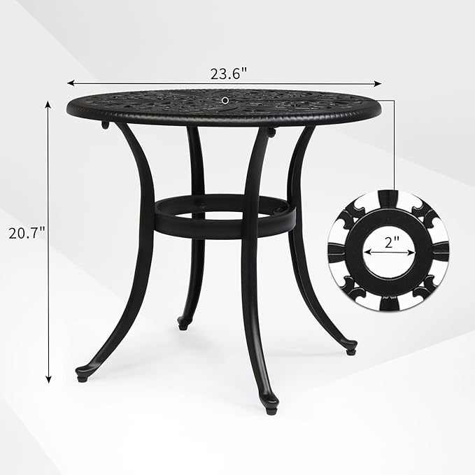 Cast Aluminum Round Table with 2 inch Umbrella Hole, Outdoor Patio End Side Table - Photo 3