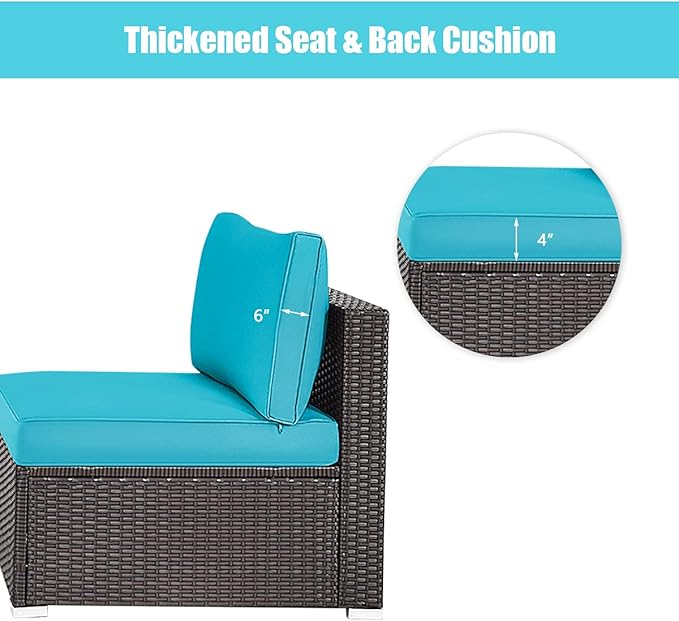 DORTALA 2 Piece Wicker Sectional Armless Chairs, Outdoor Rattan Sectional Sofa Set w/Cushions for Seat and Back, Additional Seats for Garden Balcony Patio Poolside, Turquoise