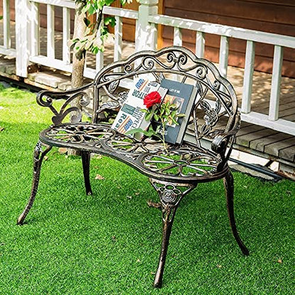 JOYBASE Outdoor Patio Bench - Cast Iron & Aluminum Garden Bench, Bronze Finish