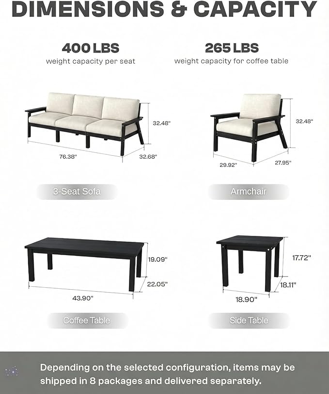 HDPE Patio Furniture Set 10 Seats, Outdoor Couch with Washable Thick Beige Cushions & Coffee Table & Side Table, Outdoor Sectional Furniture for Backyard, Deck, Lawn, Porch (Black Frame)