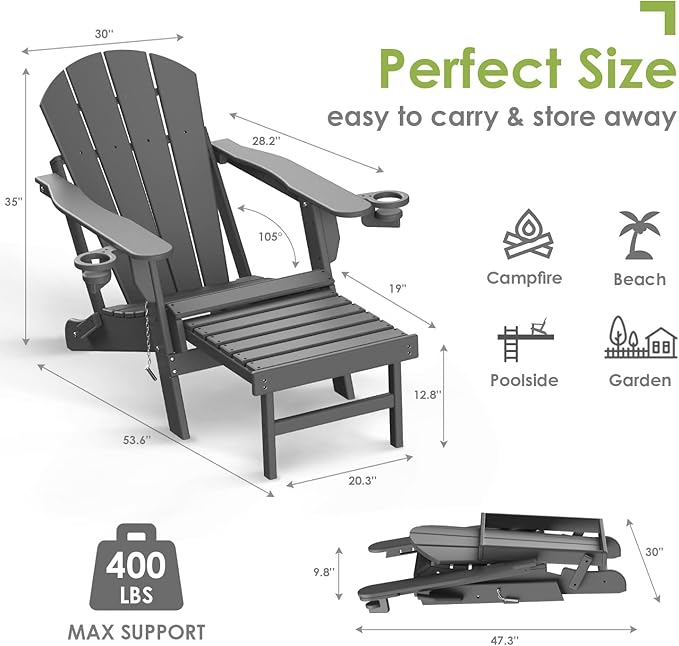 GREENVINES Adirondack-Chairs-with-Ottoman | Set of 4 | Folding | Retractable-Footrest | HDPE Plastic - Photo 2
