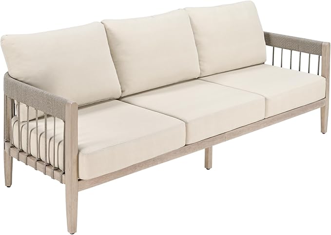 3-Seater Outdoor Aluminum Sofa, Never-Rust Patio Sofa Couch with Faux Wood Grain Finish Frame, Rope Weave Outdoor Sofa - Photo 1