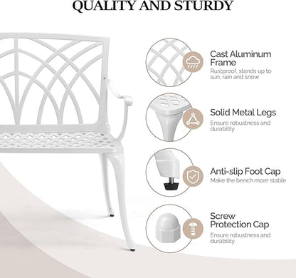 VINGLI 38" Outdoor Bench Cast Aluminium Garden Bench, Orchid Porch Benches Patio Benches Deck Furniture for 1-2 Person Seat(White)