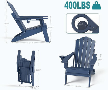 FOOWIN Adirondack Chair Set of 8, Folding HDPE Patio Chairs with Cup Holder, 400LBS Heavy Duty Commercial Fire Pit Seating for Resort, Hotel, Event, Large Deck,Navy Blue