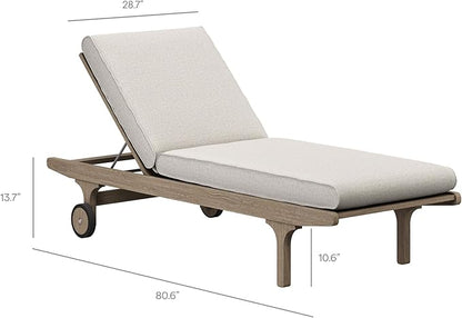 Modway Saratoga Teak Outdoor Chaise Lounge Chair in Pebble – Adjustable Wood Pool Lounge Chair with Wheels and Cushions