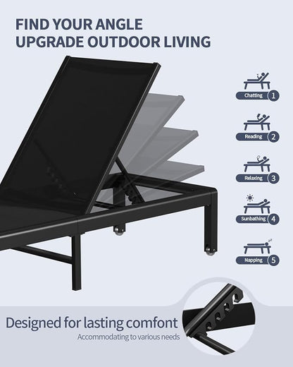 Aluminum Lounge Chairs Outdoor Chaise Furniture,2 Sets Patio Metal Deck Lounger Adjustable 5-Position Poolside Chase Recliner with Wheels for Beach,Coffee Table, (Black, 1 Chair)
