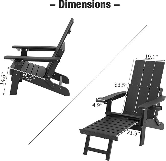 Mega Casa Poly Lumber Adirondack Chair with Cup Holders, Ottoman and Cushion, Adjustable Backrest, All-Weather Resistant HIPS Material, Wood-Like Pattern, Heavy Duty 700 LBS (Iron Black)