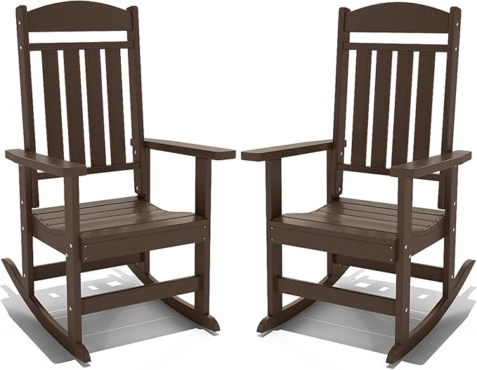Outdoor Rocking Chairs Set of 2, Oversized High Back Patio Rocking Chairs, All Weather Porch Rocking Chairs for Outside. Coffee
