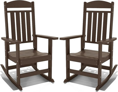 Outdoor Rocking Chairs Set of 2, Oversized High Back Patio Rocking Chairs, All Weather Porch Rocking Chairs for Outside. Coffee