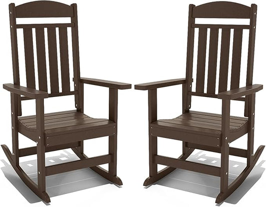 Outdoor Rocking Chairs Set of 2, Oversized High Back Patio Rocking Chairs, All Weather Porch Rocking Chairs for Outside. Coffee