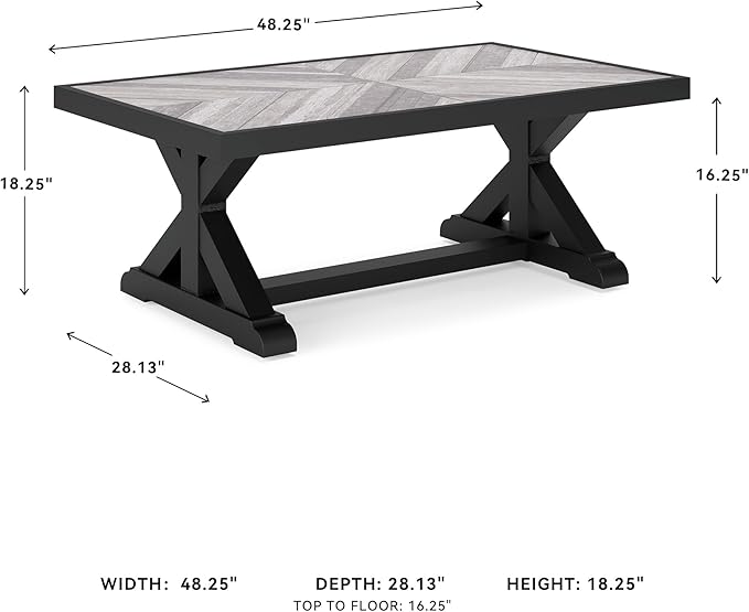 Signature Design by Ashley Beachcroft Farmhouse Weather and Rust Resistant Outdoor Coffee Table with Porcelain Tabletop, Black & Light Gray