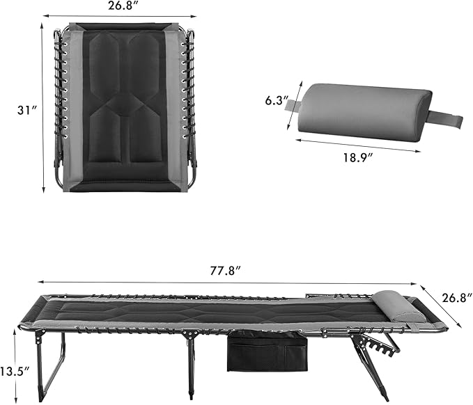 Flamaker Folding Chaise Lounge Outdoor Portable Lounge Chairs 4-Position Adjustable Camping Lounge Chair with Pillow & Side Bag Lightweight Recliner Sunbathing Chair for Pool Beach Deck (Grey)
