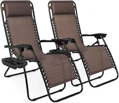 EZONE Zero Gravity Lounge Chairs Outdoor Adjustable Reclining Patio Chair Steel Mesh Folding Recliner for Pool Beach Camping Lounge Chair with Pillows and Cup Tray (2, Brown)