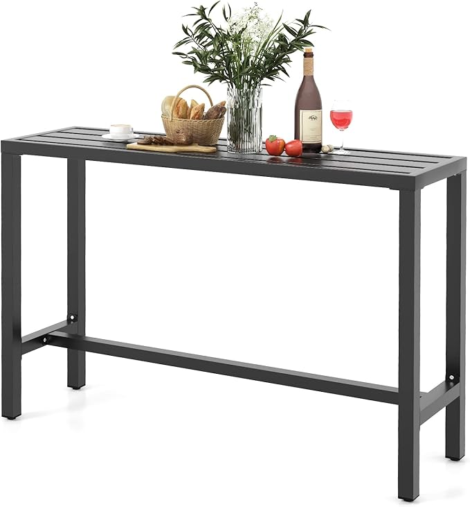 COSTWAY Outdoor Bar Table 55-inch Wide, Narrow Counter Height Dining Table with Waterproof Top and Heavy-Duty Metal Frame, Rectangular Pub Table for Garden Patio Backyard Poolside, Black