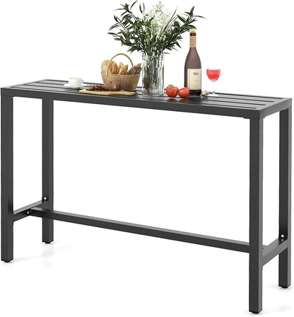 COSTWAY Outdoor Bar Table 55-inch Wide, Narrow Counter Height Dining Table with Waterproof Top and Heavy-Duty Metal Frame, Rectangular Pub Table for Garden Patio Backyard Poolside, Black