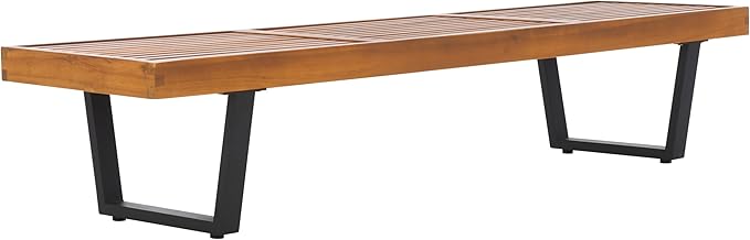 SAFAVIEH Outdoor Patio Furniture Collection – Heather Natural Brown Solid Wood Patio Bench with Black Steel Legs, 72-Inch Modern Outdoor Seating for Garden, Porch or Patio (PAT7327B)