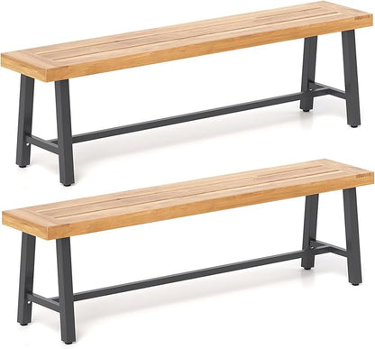Tangkula 63 Inches Acacia Wood Outdoor Bench Set of 2, 3-Person Patio Bench with 800 lbs Weight Capacity, Outdoor Backless Bench with Heavy-Duty Metal Frame for Garden, Porch and Backyard