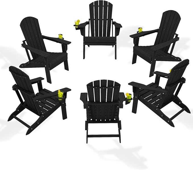 Folding Adirondack Chair Set of 6，Wooden Textured Fire Pit Chair with Cup Holder, Heavy All-Weather HDPE Plastic Outdoor Patio Chairs for Poolside Backyard Patio Outdoor Garden