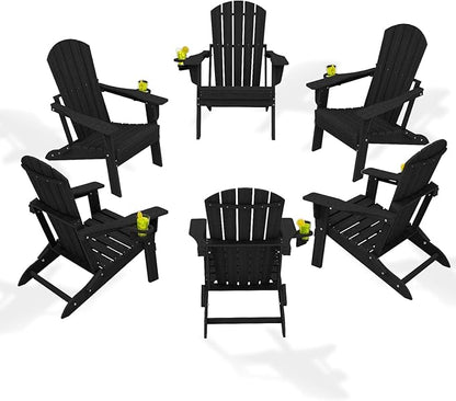 Folding Adirondack Chair Set of 6，Wooden Textured Fire Pit Chair with Cup Holder, Heavy All-Weather HDPE Plastic Outdoor Patio Chairs for Poolside Backyard Patio Outdoor Garden