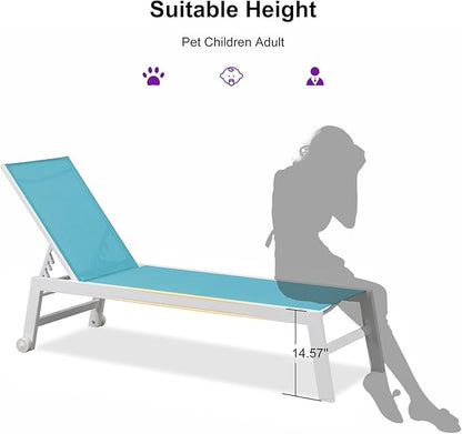 PURPLE LEAF Patio Lounge Chair 2 Pieces White Aluminum Outdoor Chaise Lounge for Pool Backyard Beach with Wheels and Table, Turquoise