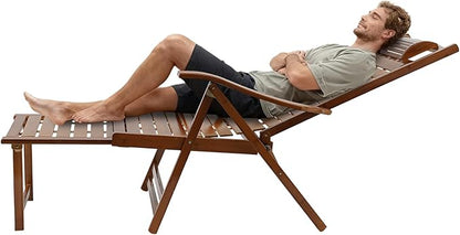 Foldable Bamboo Lounger Chair, Adjustable Back Patio Reclining Chair with Cushion & Massage Hammer, Foldable Outdoor Chaise Lounge Chair for Backyard Yard Pool Beach Load Capacity 440Lbs