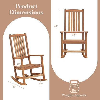 Giantex Outdoor Rocking Chair, High Back Patio Rocker w/Armrests, Hardwood Lounge Rocking Chair with Smooth Rocking Base & Slatted Design, Wood Porch Rocker for Backyard, Poolside (2, Natural)