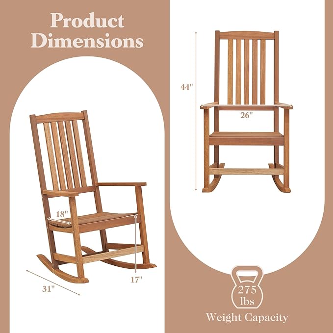 Giantex Outdoor Rocking Chair, High Back Patio Rocker w/Armrests, Hardwood Lounge Rocking Chair with Smooth Rocking Base & Slatted Design, Wood Porch Rocker for Backyard, Poolside (1, Natural)