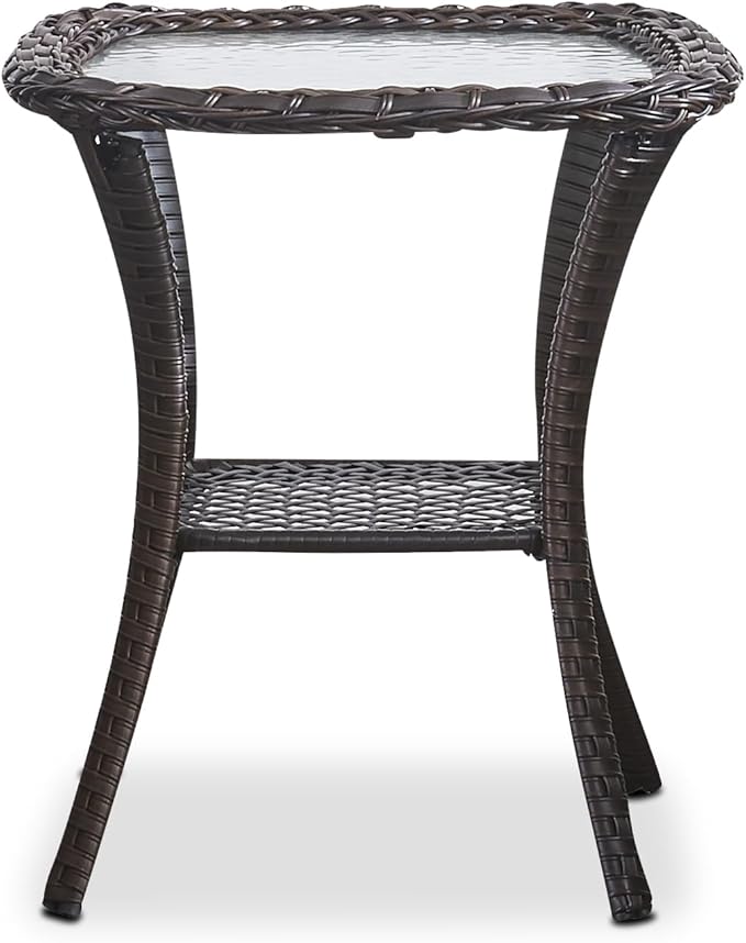 HUMMUH Patio Wicker Side Table Outdoor, Rattan End Table Glass Top Coffee Table with Storage Brown - Photo 1