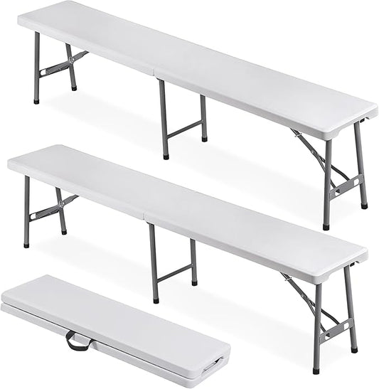 JungleA Folding Bench 6 FT 2 Pack 660lbs Plastic Portable Bench with Handle, Non-Slip Mat & Waterproof, Multi-Use Activities for Soccer Games, Camping, Picnic, Garden Party & Indoor Outdoor Events