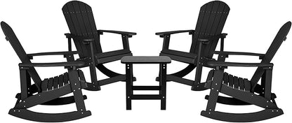 Flash Furniture Set of 4 Savannah Adirondack Rocking Chairs - Commercial Grade All-Weather Black Poly Resin Wood - Matching Side Table
