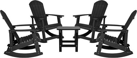 Flash Furniture Set of 4 Savannah Adirondack Rocking Chairs - Commercial Grade All-Weather Black Poly Resin Wood - Matching Side Table