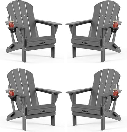 MUCHENGHY Folding Adirondack Chairs HDPE Weather Resistant 4 Pack, Patio Firepit Chairs, Sturdy Outside Chairs, Lawn Chairs, 15min Assembly 380lb Grey