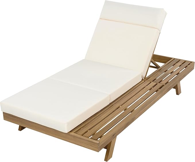 Christopher Knight Home Dami Chaise Lounge Chair Outdoor with 4'' Foldable Cushion, Acacia Wood Poolside Sun Lounger, Space Available On One Side, Adjustable Backrest Pool Lounger, Light Brown+Beige