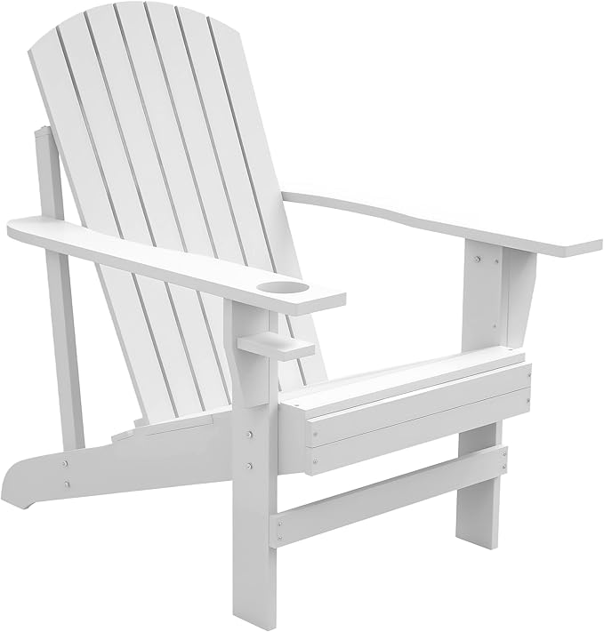 Outsunny Wooden Adirondack Chair, Outdoor Patio Lawn Chair with Cup Holder, Weather Resistant Lawn Furniture, Classic Lounge for Deck, Garden, Backyard, Fire Pit, White